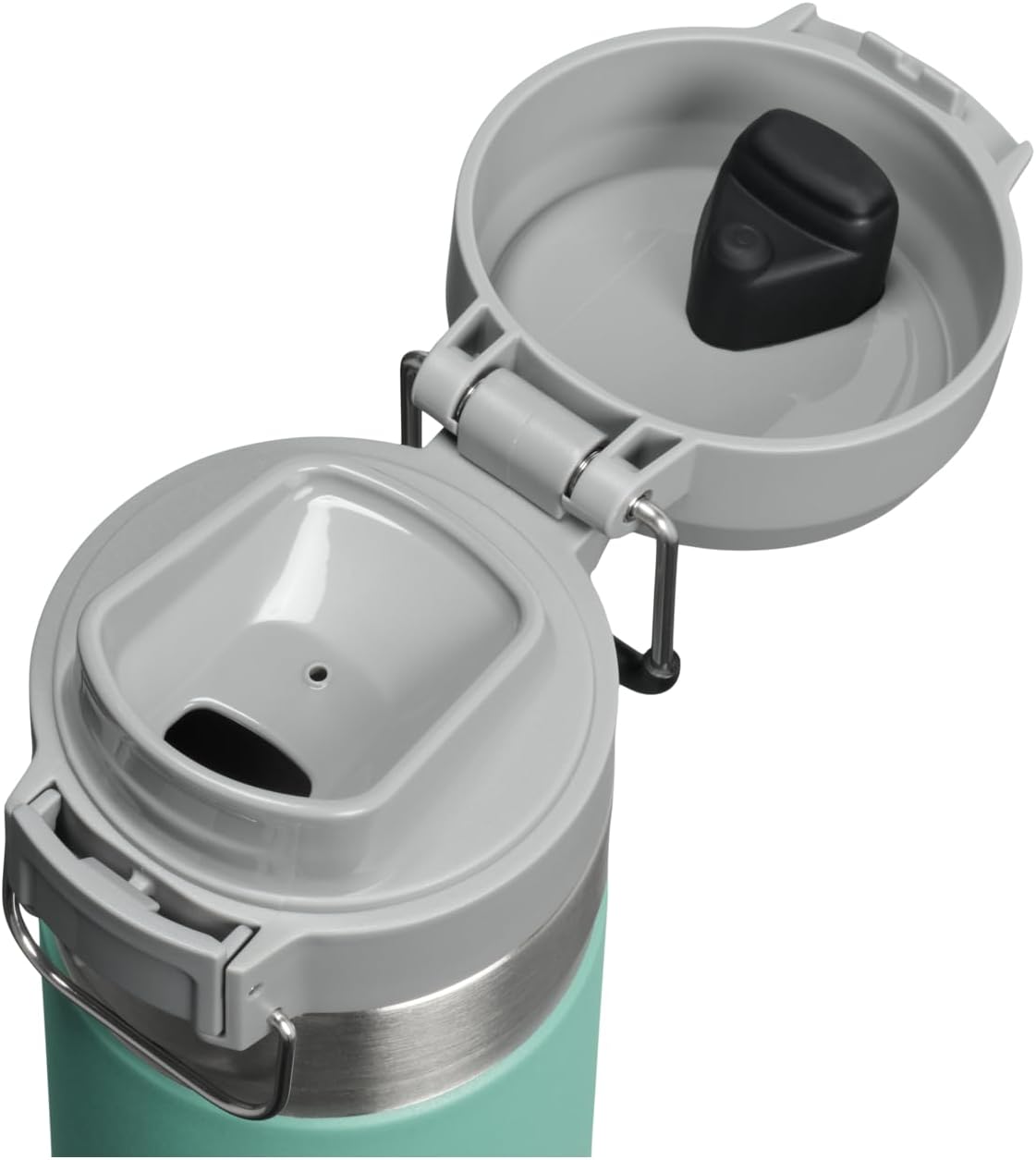 Stanley 24 Ounce stainless steel insulated flask with push button lid open.