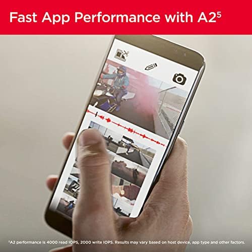 SanDisk Extreme A2 rated memory card displayed alongside a smartphone and action camera to show compatibility.