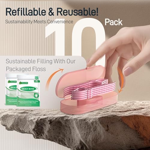 Compact Holy Rose portable dental floss dispenser case open with ten mint flavored flossers inside.