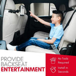 Macally car seat headrest mount holding a Nintendo Switch in landscape view.