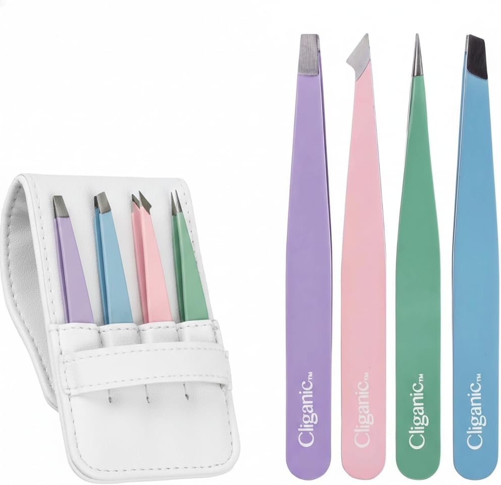 Cliganic professional stainless steel tweezers set front view with white travel case
