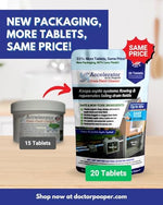 Dr. Pooper solid septic treatment tablet held over a toilet bowl illustrating easy flush application method.