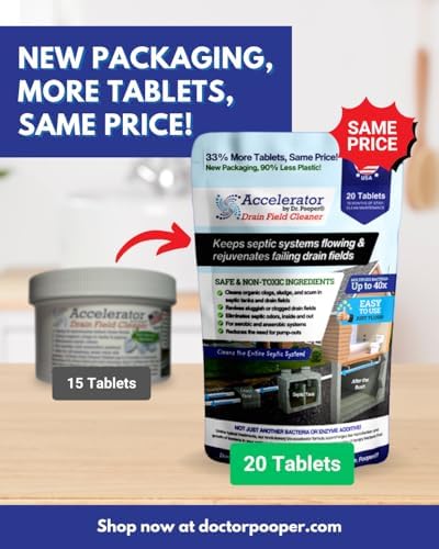 Dr. Pooper solid septic treatment tablet held over a toilet bowl illustrating easy flush application method.