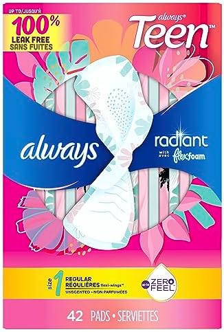 Always Radiant Teen Size 1 pads with wings for active lifestyle support