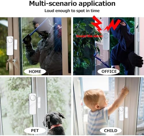 Four pack standalone home security alarms highlighting the ultra thin portable design profile.