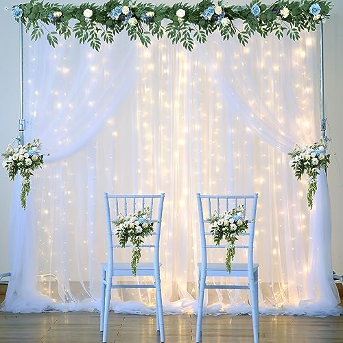 Suppromo sheer net curtain background setup for birthday party decorations with hanging LED light strings