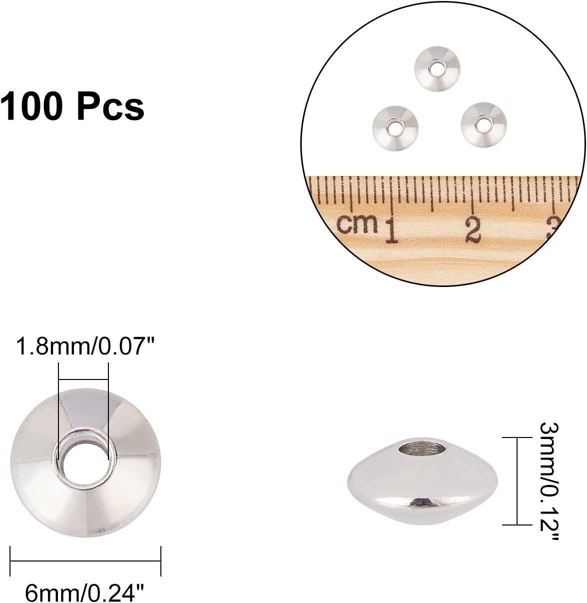 Close up of smooth polished flat round metal spacer beads for DIY jewelry