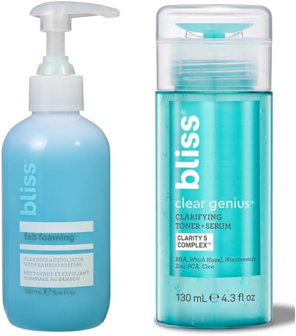 Bliss Fab Foaming Cleanser and Clear Genius Toner Plus Serum pore purifying duo front view pack