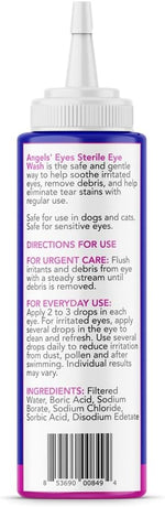 Back label of Angels' Eyes sterile pet eye wash showing directions