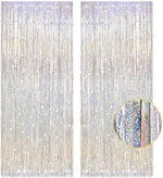 Two pack silver foil fringe curtain stream decorations hanging over a modern party venue doorway.