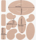 Close up of various shapes of flannel adhesive moleskin pads for heel and toe protection.