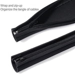 Before and after comparison of messy entertainment center wires organized neatly inside a black JOTO sleeve.