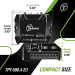 Authentic USA imported Timpano compact car audio amplifier packaging box showing official branding details.