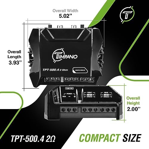 Authentic USA imported Timpano compact car audio amplifier packaging box showing official branding details.