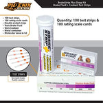 Phoenix Systems double ended brake fluid and coolant test strips with customer rating scale cards.