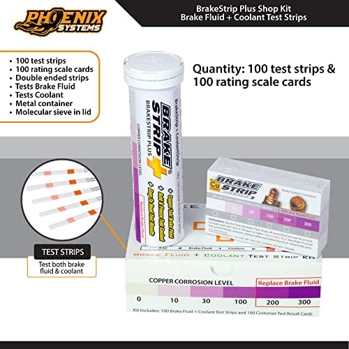 Phoenix Systems double ended brake fluid and coolant test strips with customer rating scale cards.