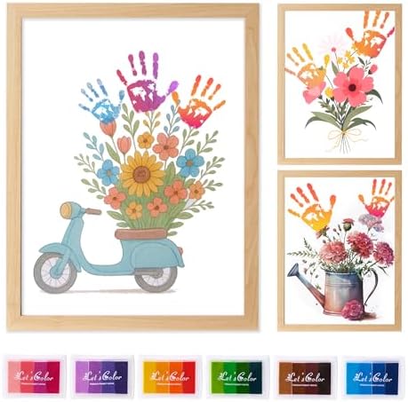 Completed handprint art bouquet displayed inside the included light wood frame