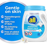 Hypoallergenic single-dose laundry pods for sensitive skin highlighting the dye-free formula.