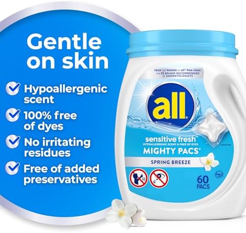 Hypoallergenic single-dose laundry pods for sensitive skin highlighting the dye-free formula.