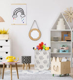 Essme animal print toy bin for boys showing the premium brown leather handles for carrying.