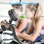HONYIN portable personal fan clamped tightly onto a treadmill bar illustrating the sturdy heavy-duty clamp mechanism.