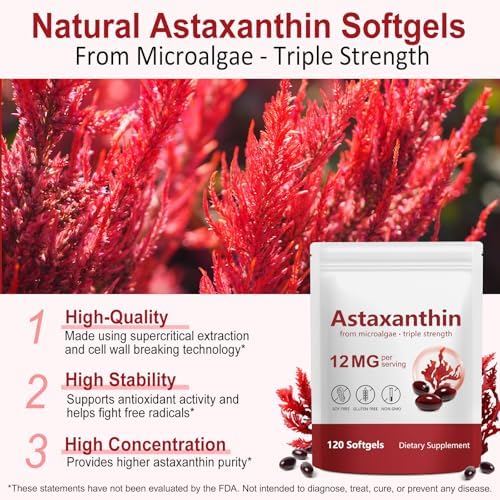 DLOMFVFQ Astaxanthin supplements showing dietary label information and microalgae ingredients list