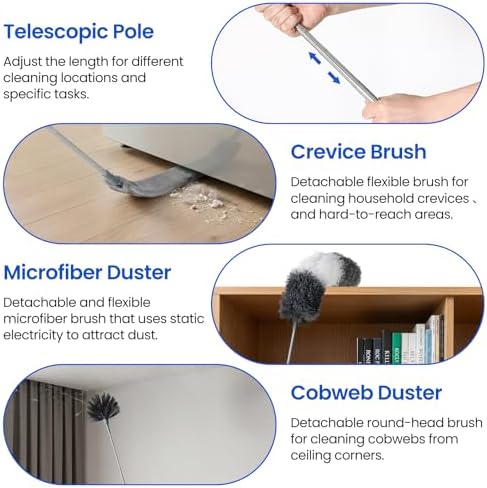Extra-Long Dusters Kits with Extension Pole, 5 in 1 Cleaning Tools with Extendable Long Handle, Cobweb Duster, Microfiber Dusting Clothes for Gap, High Ceilings and Fans, Blinds, Cars and Furniture - Image 4
