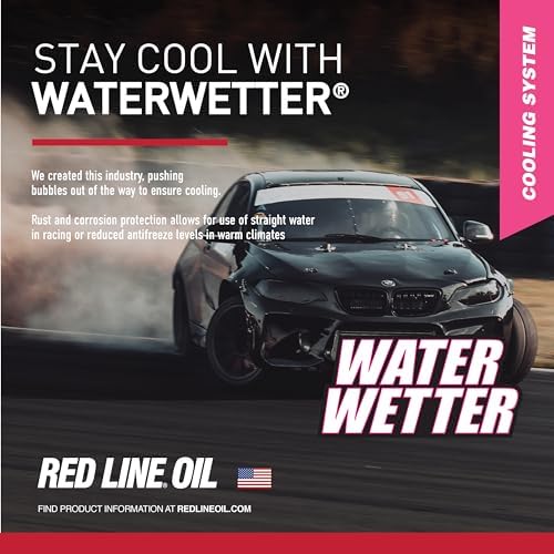 Red Line synthetic oil cooling system additive bottle showing usage instructions and dosage guidelines.