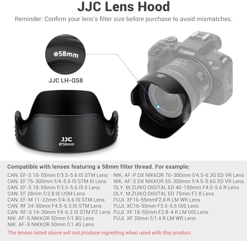 JJC 58mm lens hood shown in reversible position for storage