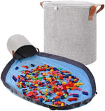SAM AND MABEL fabric toy basket with the large gray play mat spread out on the floor.
