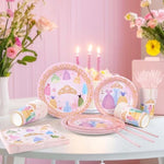 Close up of princess theme party dessert plates