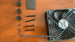 Dimensions diagram of the four point seven inch square AC powered ventilation fan depicting rubber anti vibration feet.
