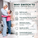 Hypoallergenic wool dryer balls safe for baby clothing and sensitive skin.