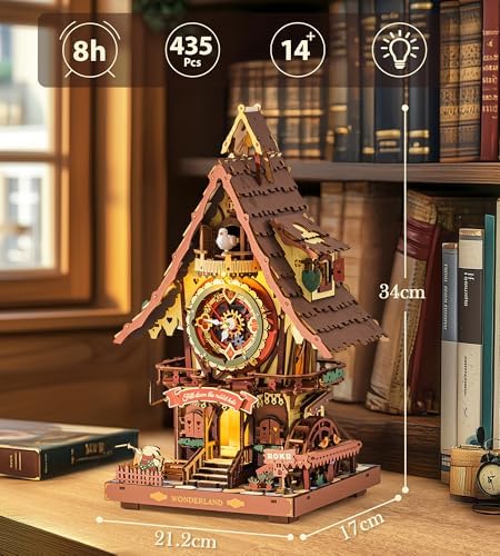 Finished ROKR cuckoo clock displayed on a wooden shelf