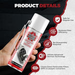 Close up view of the MotorPower Care foam spray and fuel tank liquid cleaner packaging detailing vehicle engine compatibility