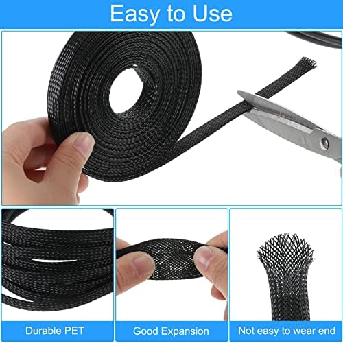 Black PET expandable cable sleeve close up detailing the tightly woven stretchable mesh pattern