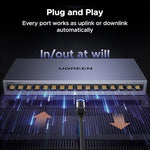 UGREEN pristine sixteen port gigabit network hub highlighting the durable fanless metal casing design