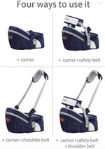 Honch baby waist carrier in dark blue packed and ready for travel demonstrating its lightweight portable design.