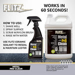 Flitz Metal Pre-Clean bottle showing metal surfaces compatibility list.