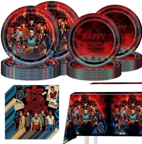 Close up of Stranger theme paper plates and napkins