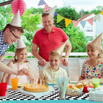 Full length dimensional view of the 54 by 108 inch cyan blue car theme party tablecloth layout.