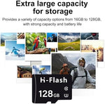 H-Flash MicroSDXC cards with included full size SD adapters displayed on a flat surface.
