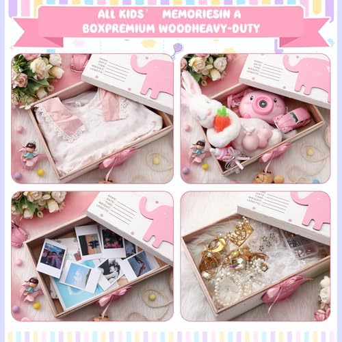 Soaoo pink elephant baby girl storage box filled with newborn shoes and mementos