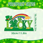 Green lucky shamrock style holiday wood table ornament close up view