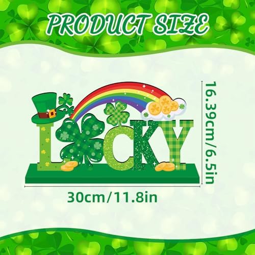 Green lucky shamrock style holiday wood table ornament close up view
