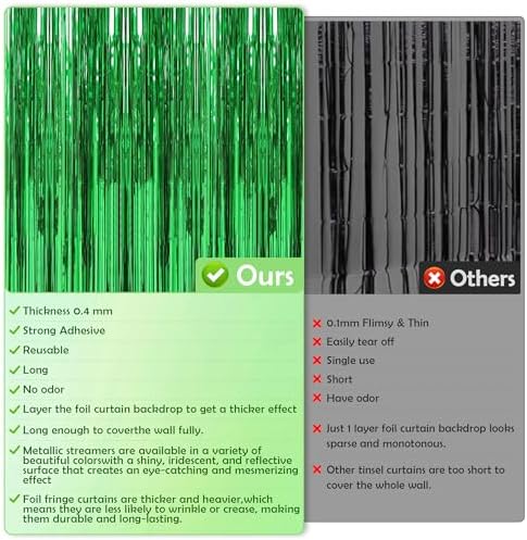 OHOME metallic green fringe curtains installed on a party wall as a photography background setup