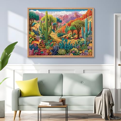 Adults relaxing at home while assembling the colorful desert landscape puzzle on a table