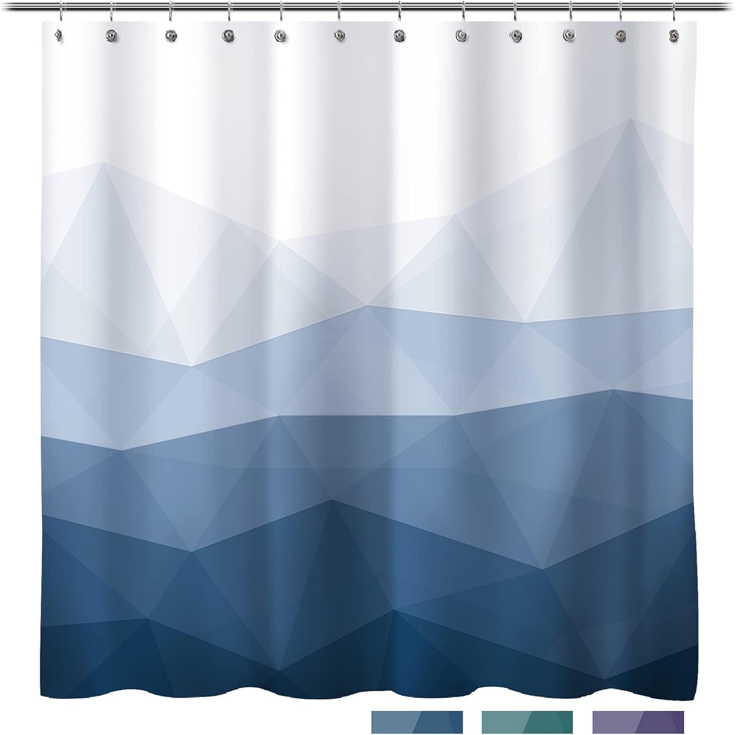 Sunlit Designer Ombre Blue Fabric Shower Curtain front view hanging in a modern bathroom setup.