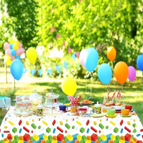 Brightly colored brick theme party decorations featuring the 105 by 54 inches white table cover