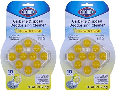 Two pack Clorox lemon scented garbage disposal beads packaging